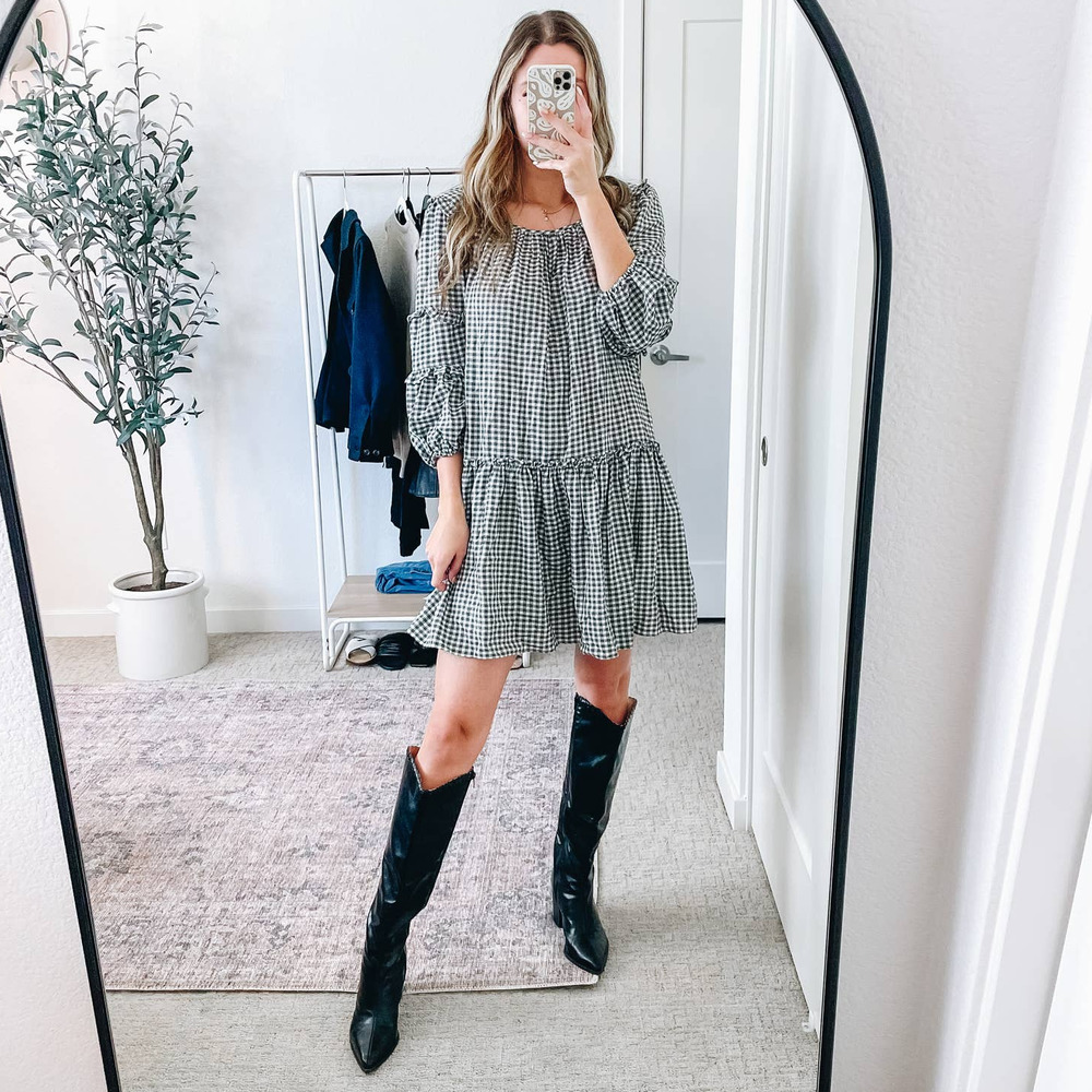 MAX STUDIO B&W Gingham Check‎ Peasant Babydoll Mini Dress